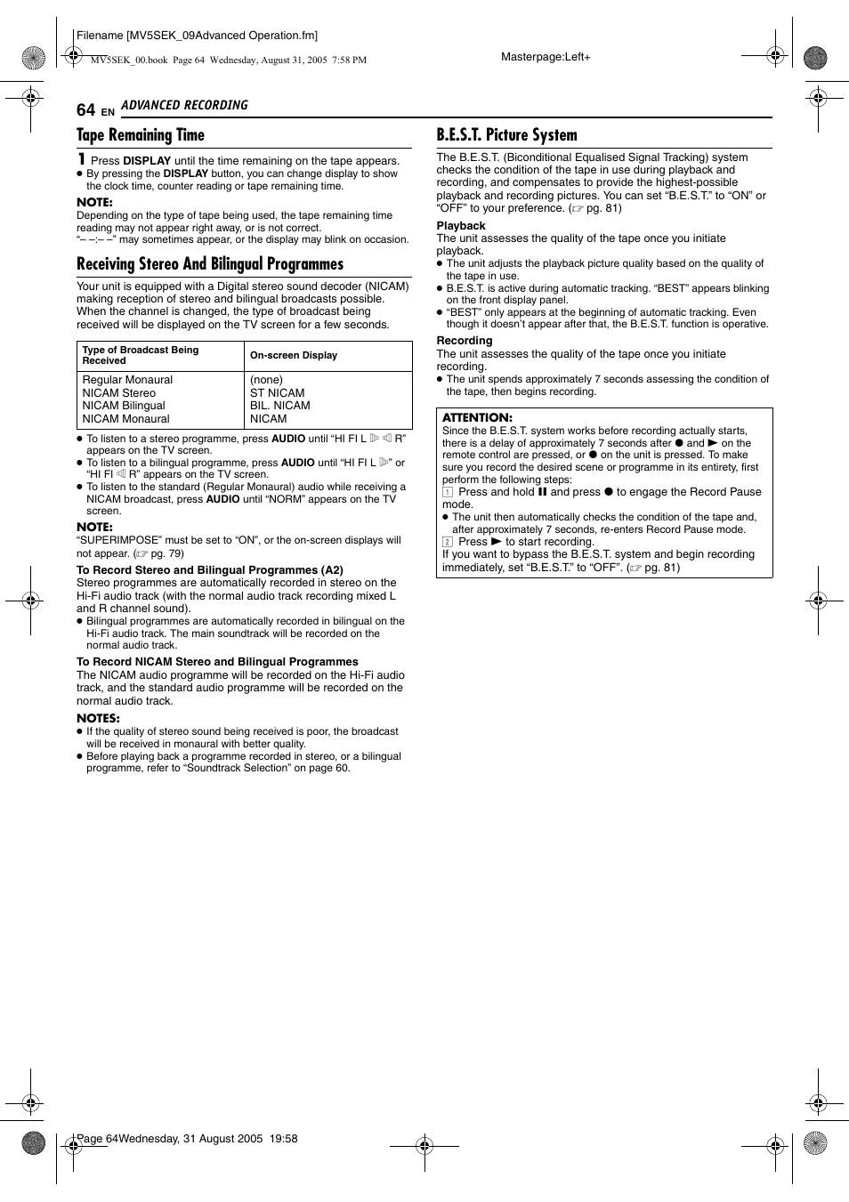 Tape remaining time, Receiving stereo and bilingual programmes, B.e.s.t. picture system | Pg. 64, Cast, Pg. 64) | JVC DR-MV5BEK User Manual | Page 64 / 100