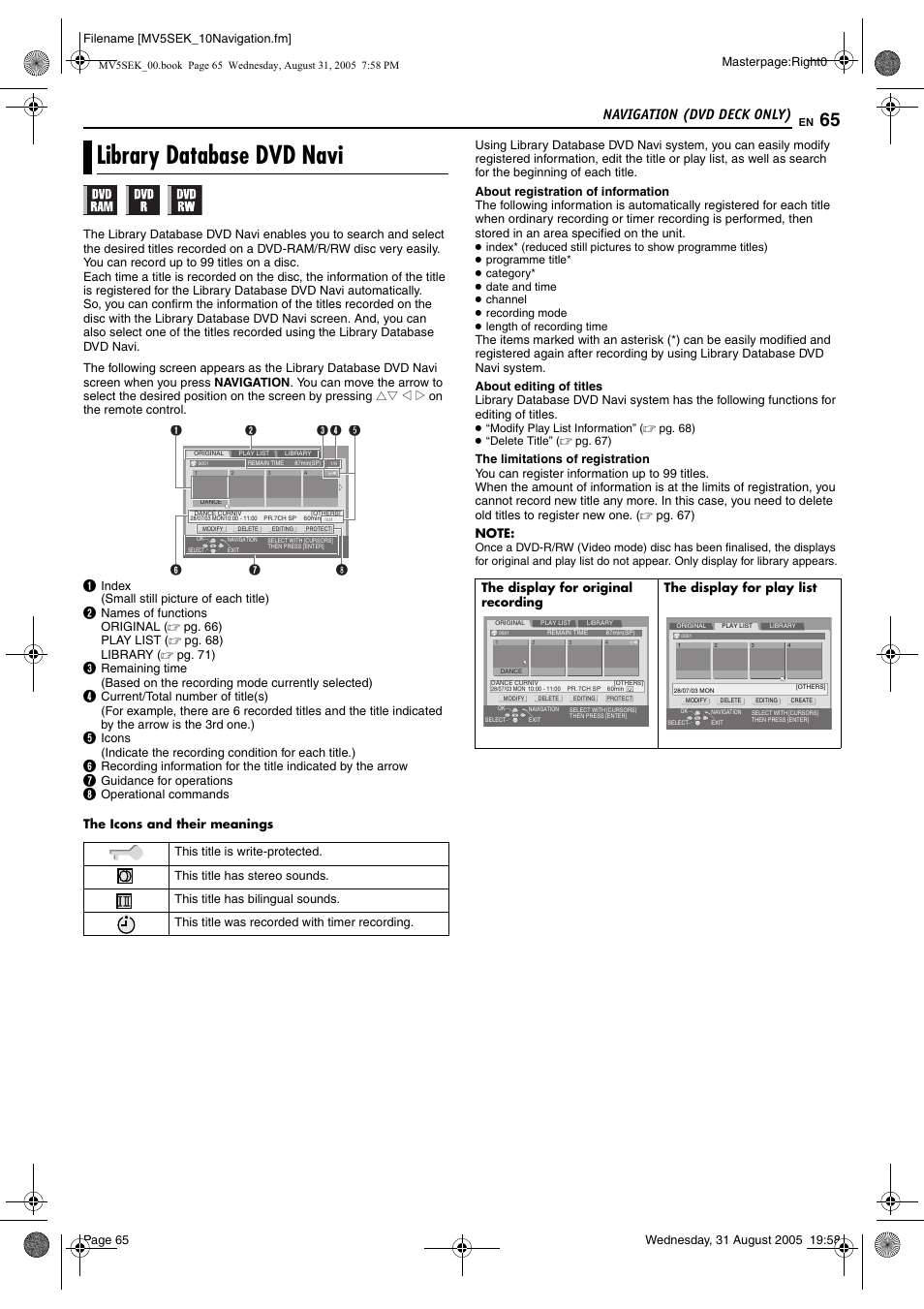 Navigation (dvd deck only), Library database dvd navi, Pg. 65 | Pg. 65) t, Pg. 65) | JVC DR-MV5BEK User Manual | Page 65 / 100