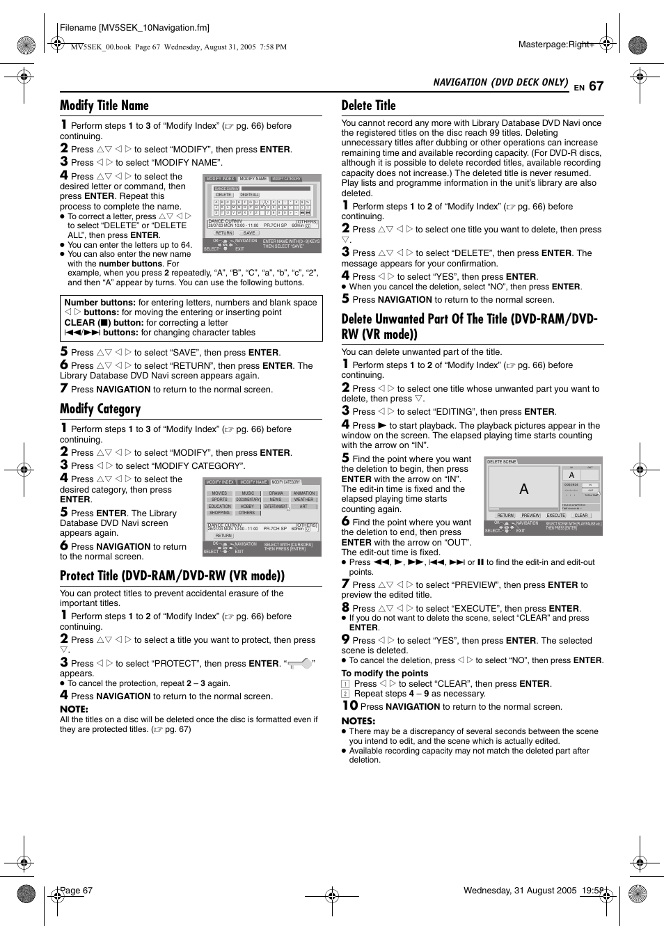 Modify title name, Modify category, Protect title (dvd-ram/dvd-rw (vr mode)) | Delete title, Pg. 67, “modify title name”) (d, Pg. 67), Navigation (dvd deck only) | JVC DR-MV5BEK User Manual | Page 67 / 100