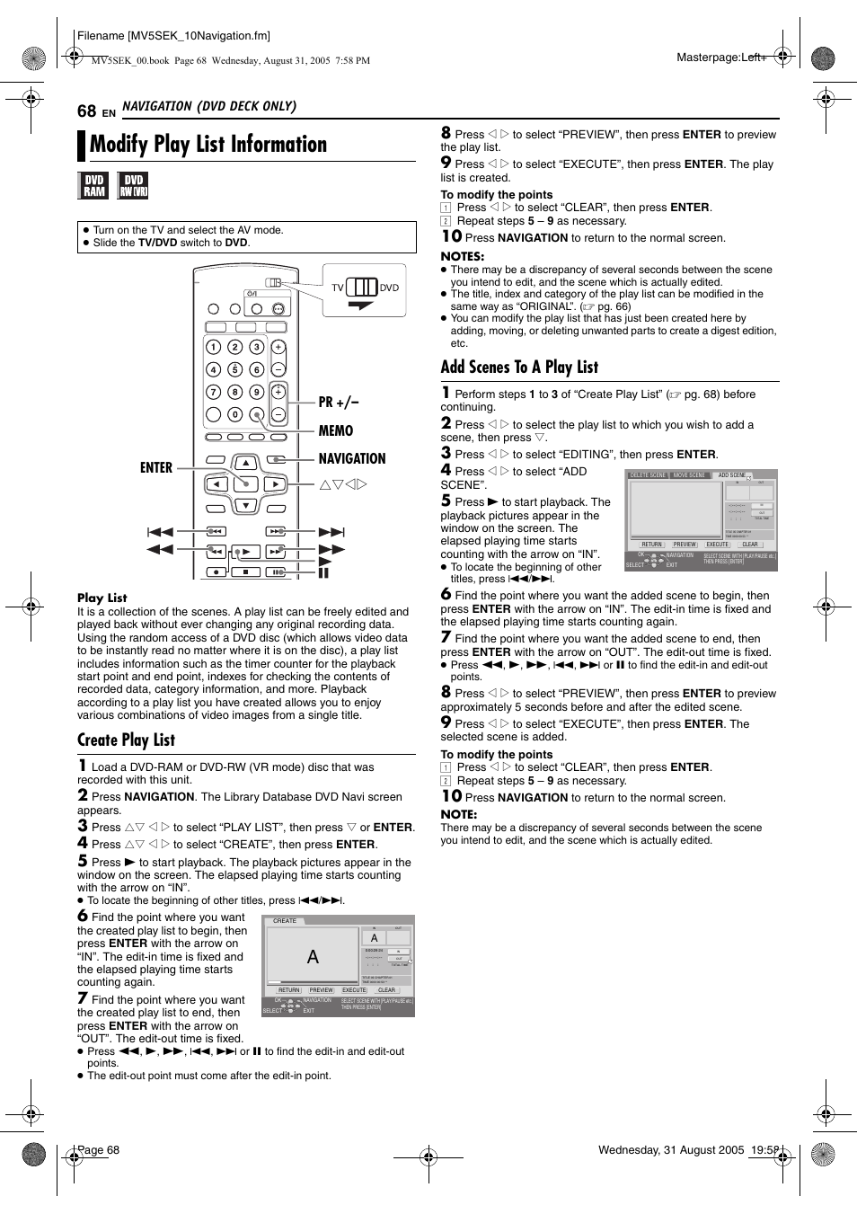 Modify play list information, Create play list, Add scenes to a play list | Ramming, Pg. 68), Navigation (dvd deck only) | JVC DR-MV5BEK User Manual | Page 68 / 100