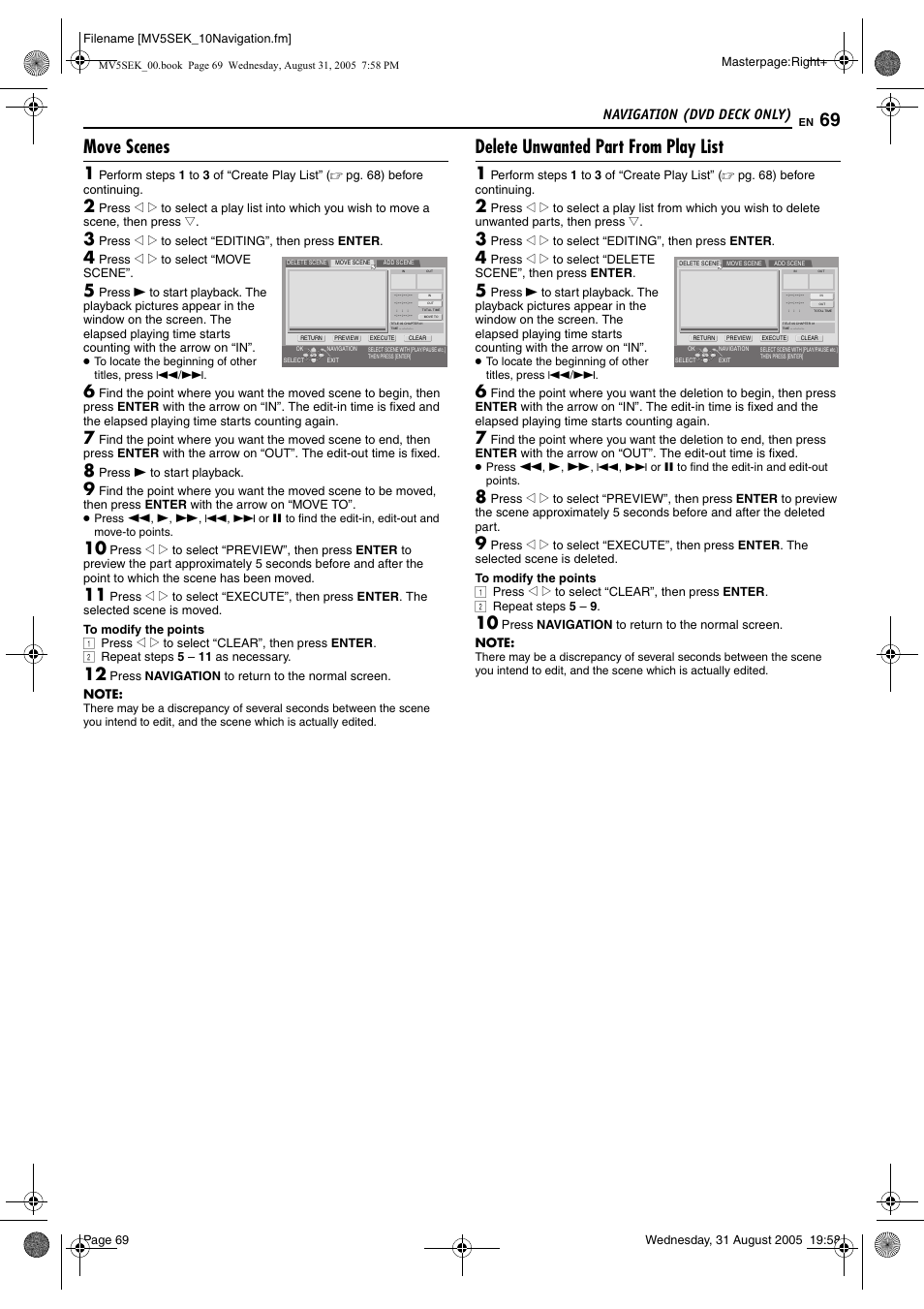 Move scenes, Delete unwanted part from play list, Navigation (dvd deck only) | JVC DR-MV5BEK User Manual | Page 69 / 100