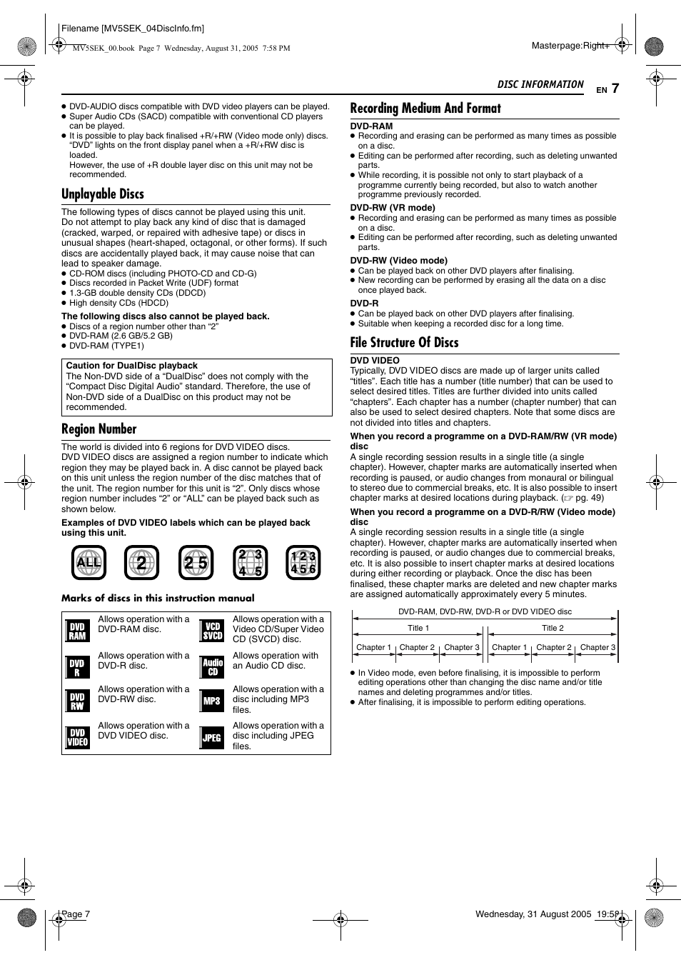 Unplayable discs, Region number, Recording medium and format | File structure of discs | JVC DR-MV5BEK User Manual | Page 7 / 100