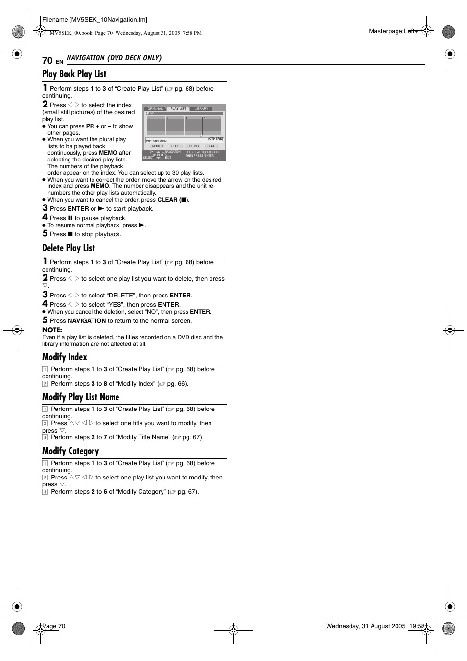 Play back play list, Delete play list, Modify index | Modify play list name, Modify category | JVC DR-MV5BEK User Manual | Page 70 / 100