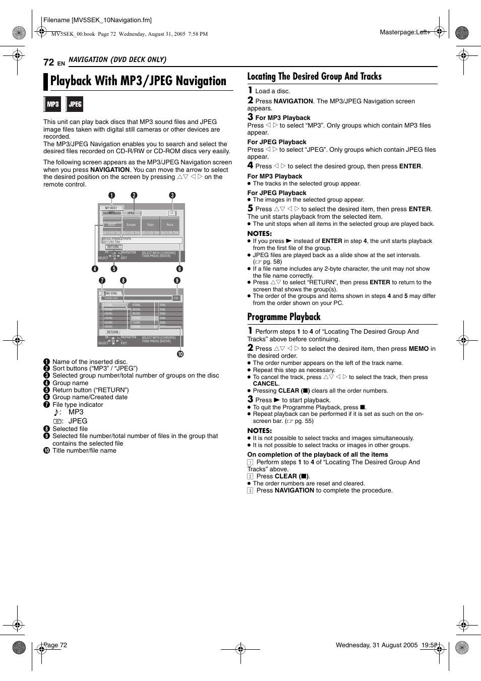 Playback with mp3/jpeg navigation, Locating the desired group and tracks, Programme playback | This unit, Pg. 72), E “playback with mp3/ jpeg navigation, Navigation (dvd deck only) | JVC DR-MV5BEK User Manual | Page 72 / 100