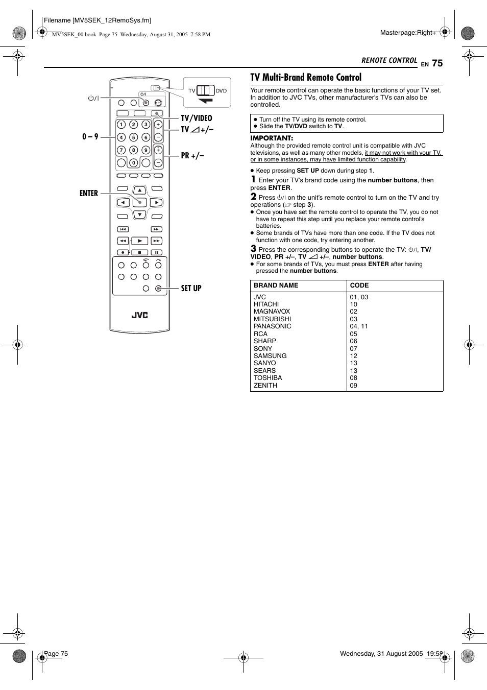 Tv multi-brand remote control, Pg. 75, Pg. 75) | JVC DR-MV5BEK User Manual | Page 75 / 100