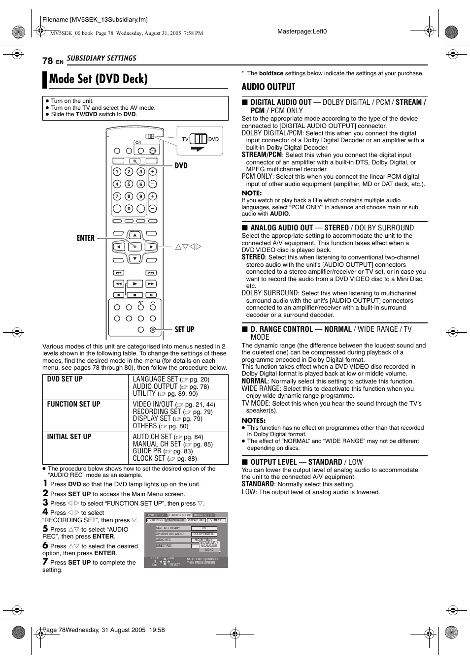 Subsidiary settings, Mode set (dvd deck), Audio output | Pg. 78) | JVC DR-MV5BEK User Manual | Page 78 / 100