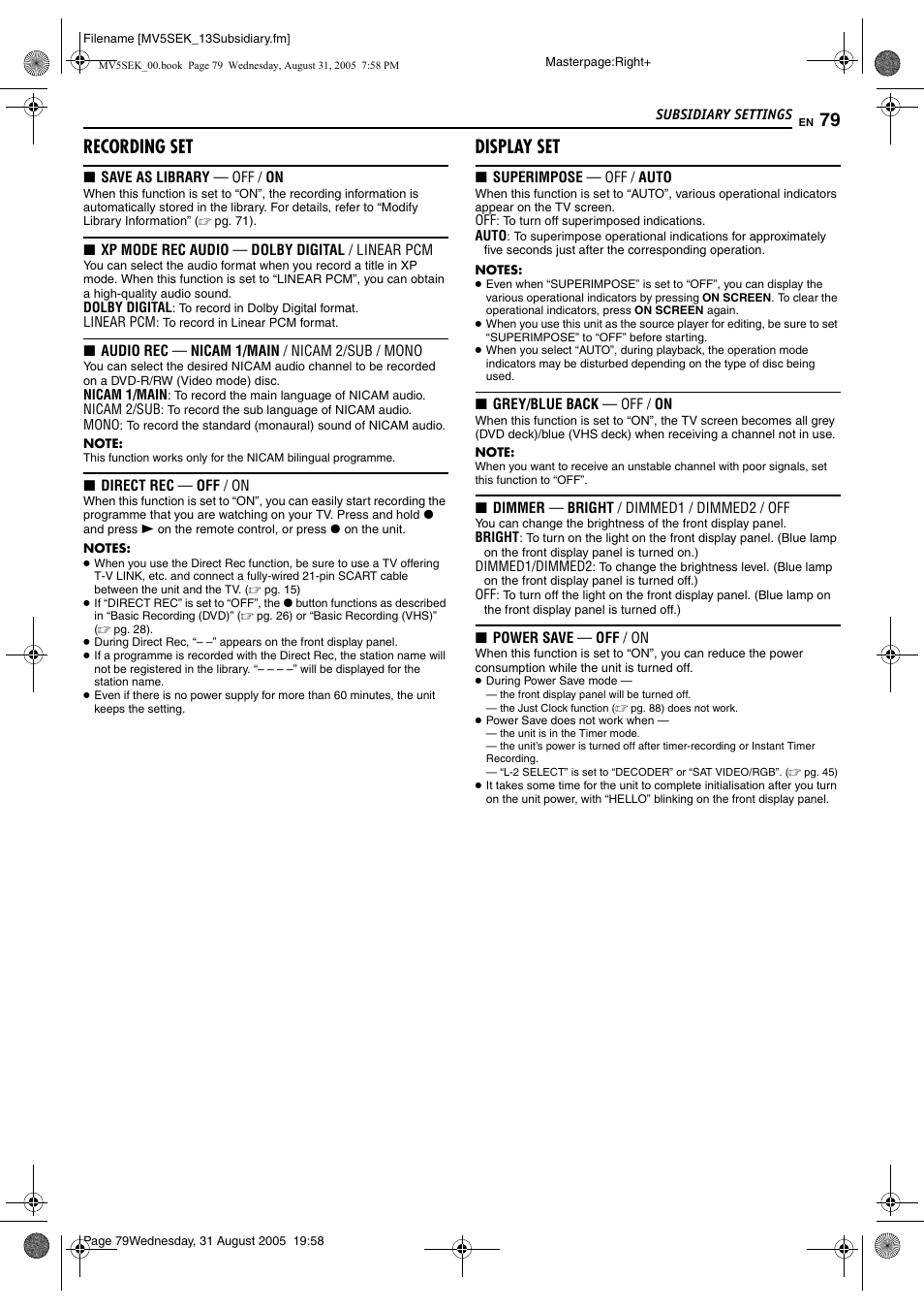 Recording set, Display set, Pg. 79) f | Pg. 79), Pg. 79), “m, Ed on the disc | JVC DR-MV5BEK User Manual | Page 79 / 100