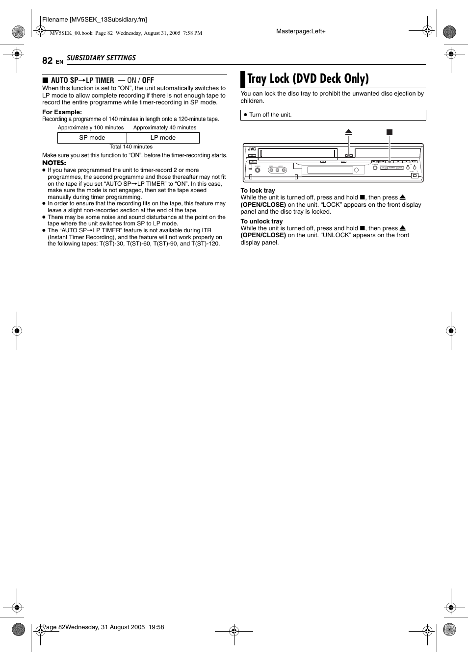 Tray lock (dvd deck only), Subsidiary settings, 8 auto sp | On / off, Lp timer, Standby/on | JVC DR-MV5BEK User Manual | Page 82 / 100