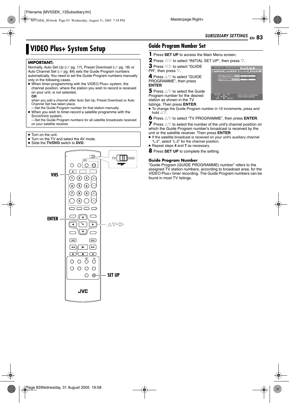 Video plus+ system setup, Guide program number set, Pg. 83) | Pg. 83, “video plus+ system setup”), E “video plus+ system setup | JVC DR-MV5BEK User Manual | Page 83 / 100