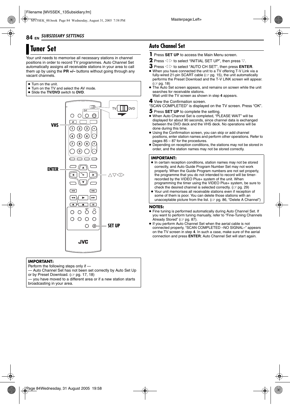 Tuner set, Auto channel set, Pg. 84) | Setting | JVC DR-MV5BEK User Manual | Page 84 / 100