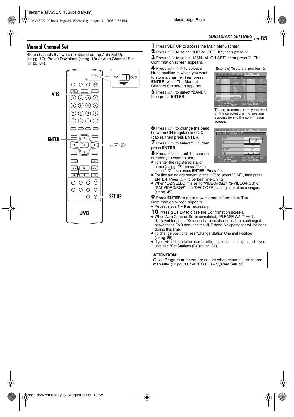 Manual channel set, S 85 – 87, Pg. 85) | S 85, Subsidiary settings, Enter vhs set up | JVC DR-MV5BEK User Manual | Page 85 / 100