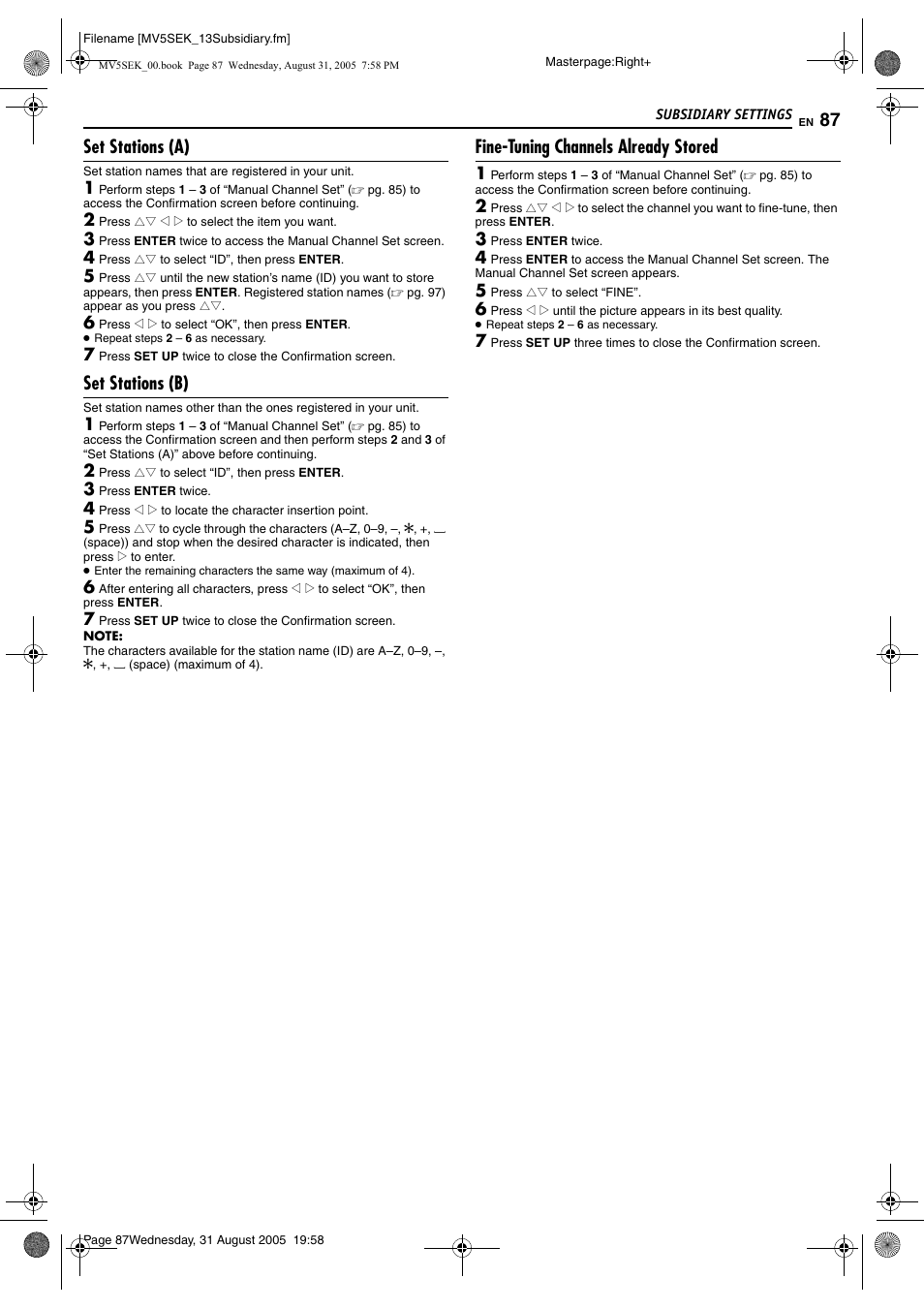 Set stations (a), Set stations (b), Fine-tuning channels already stored | Pg. 87), 87 f, E “set stations (b) | JVC DR-MV5BEK User Manual | Page 87 / 100