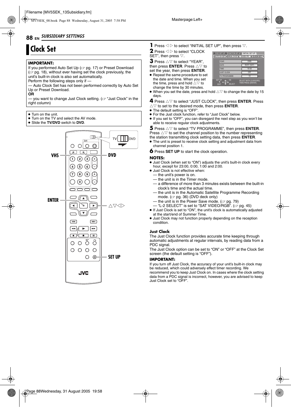 Clock set, Pg. 88), Pg. 88) d | Subsidiary settings, Enter vhs set up dvd | JVC DR-MV5BEK User Manual | Page 88 / 100