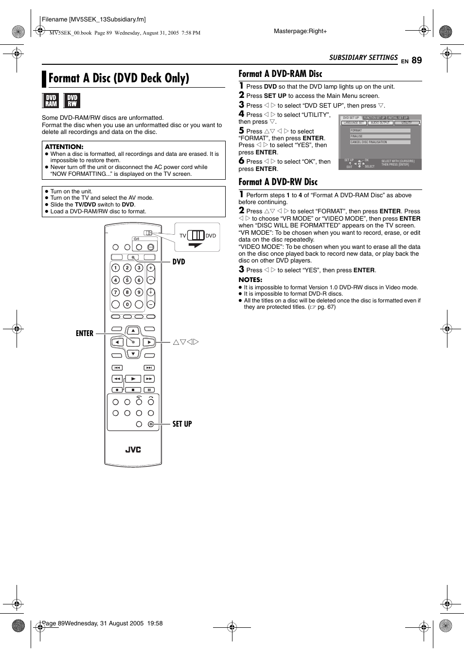 Format a disc (dvd deck only), Format a dvd-ram disc, Format a dvd-rw disc | Pg. 89), Pg. 89, 90) | JVC DR-MV5BEK User Manual | Page 89 / 100