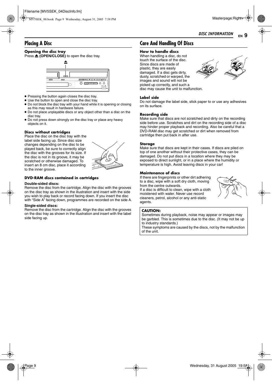 Placing a disc, Care and handling of discs | JVC DR-MV5BEK User Manual | Page 9 / 100