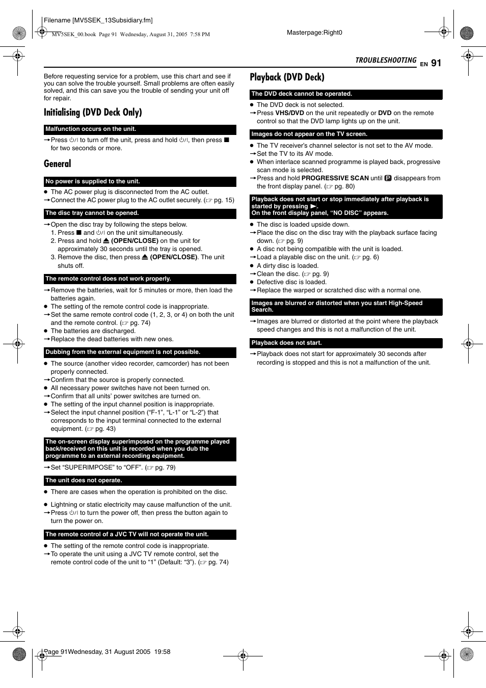 Troubleshooting, Initialising (dvd deck only), Playback (dvd deck) | General | JVC DR-MV5BEK User Manual | Page 91 / 100