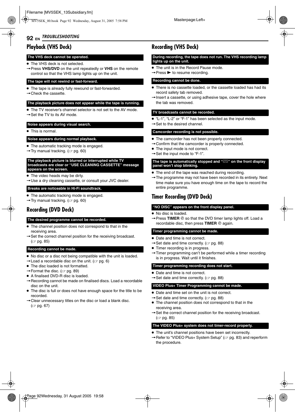 Playback (vhs deck), Recording (dvd deck), Recording (vhs deck) | Timer recording (dvd deck) | JVC DR-MV5BEK User Manual | Page 92 / 100