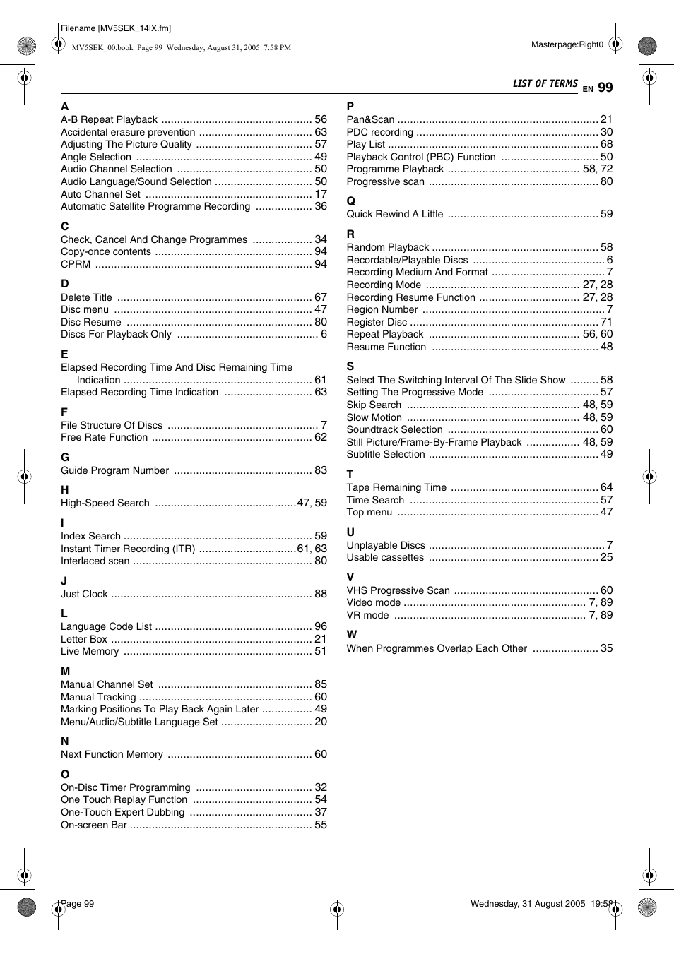 List of terms | JVC DR-MV5BEK User Manual | Page 99 / 100