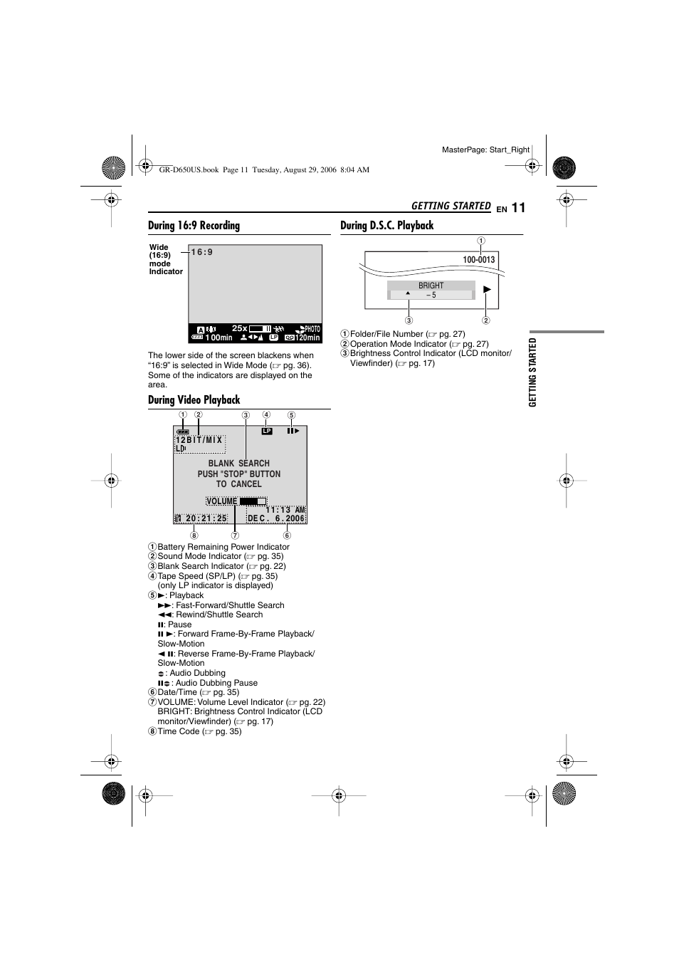 During 16:9 recording, During video playback, During d.s.c. playback | JVC GR-D650U User Manual | Page 11 / 112