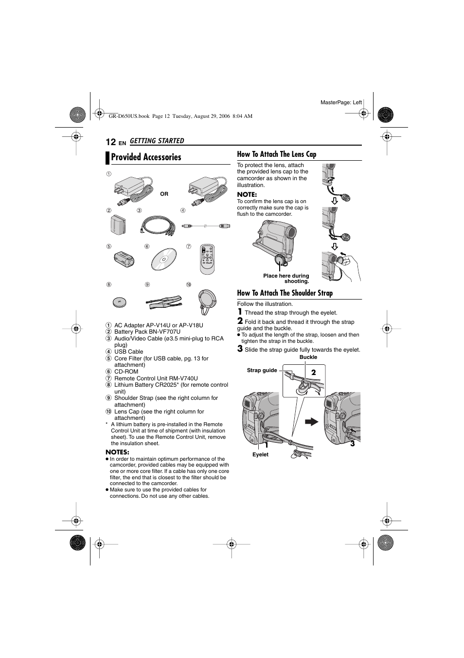 Provided accessories, How to attach the lens cap, How to attach the shoulder strap | Elet (੬ pg. 12) | JVC GR-D650U User Manual | Page 12 / 112