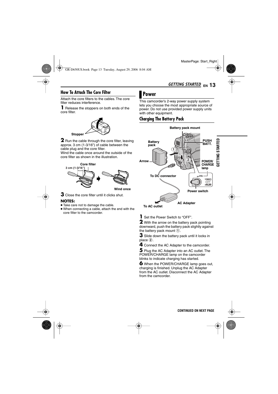 How to attach the core filter, Power, Charging the battery pack | Pg. 13), Dc input connector [dc, Wer/charge lamp (੬ pg. 13, 19), Mount (੬ pg. 13) | JVC GR-D650U User Manual | Page 13 / 112