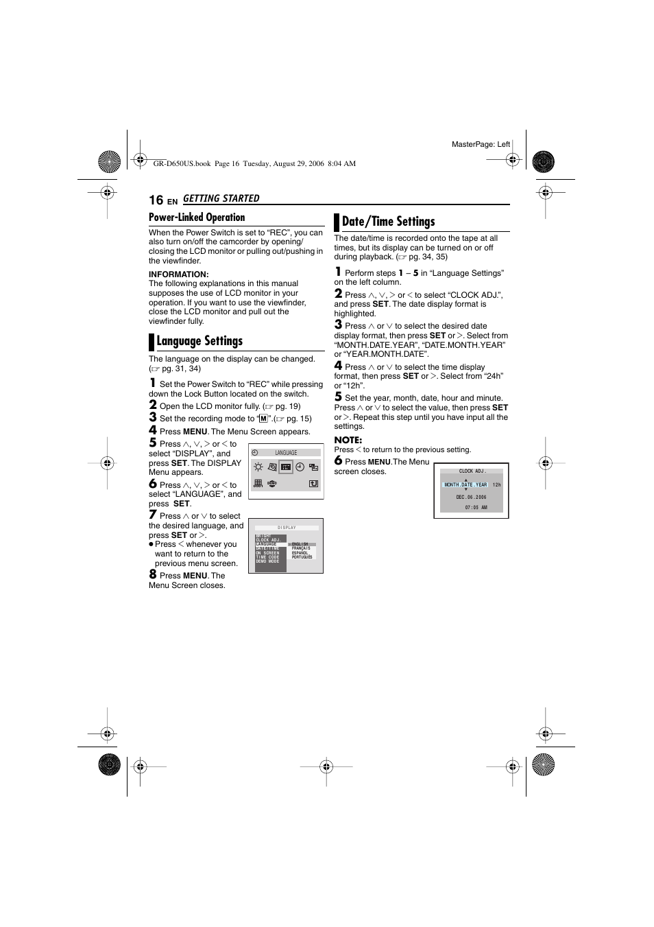Power-linked operation, Language settings, Date/time settings | 16 date/time settings, Set button [set, Pg. 16), Date, Getting started | JVC GR-D650U User Manual | Page 16 / 112