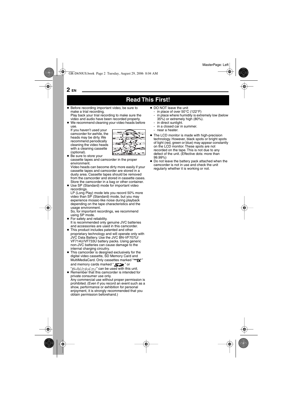 2 – 5 to ensure saf, Read this first | JVC GR-D650U User Manual | Page 2 / 112