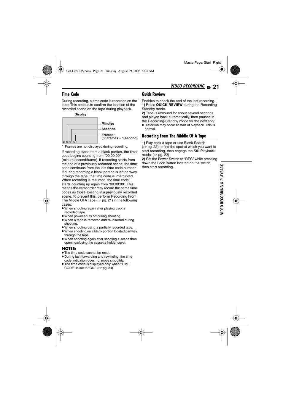 Time code, Quick review, Recording from the middle of a tape | Video recording & playback, Time code quick review, 21 recording from the middle of a tape, Pg. 21) | JVC GR-D650U User Manual | Page 21 / 112