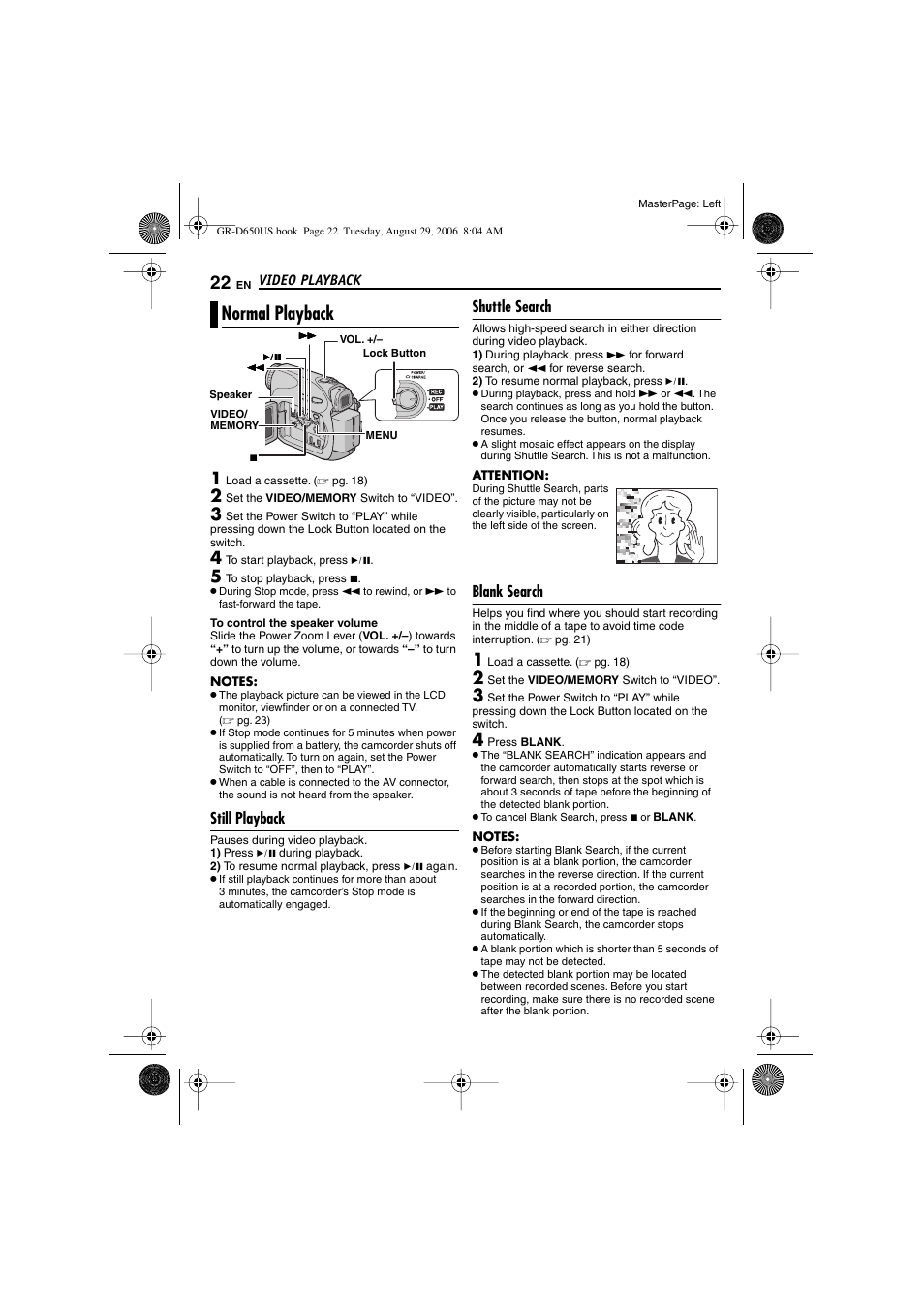 Video playback, Normal playback, Still playback | Shuttle search, Blank search, 22 shuttle search, 22 blank search, Pg. 22), Blank search [blank, Er (੬ pg. 22) | JVC GR-D650U User Manual | Page 22 / 112