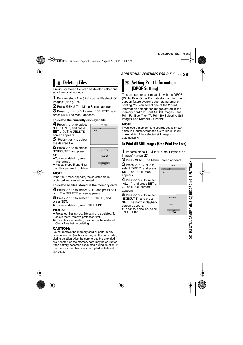 Deleting files, Setting print information (dpof setting), To print all still images (one print for each) | 29 setting print information (dpof setting), Er to “deleting files, Pg. 29) | JVC GR-D650U User Manual | Page 29 / 112