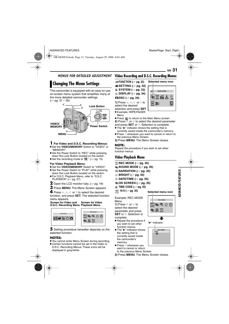 Menus for detailed adjustment, Changing the menu settings, Video recording and d.s.c. recording menus | Video playback menu, Pg. 31, 34), Advanced features, U button [menu, Pg. 31), Pg. 31, 35), Pg. 31, 34 | JVC GR-D650U User Manual | Page 31 / 112