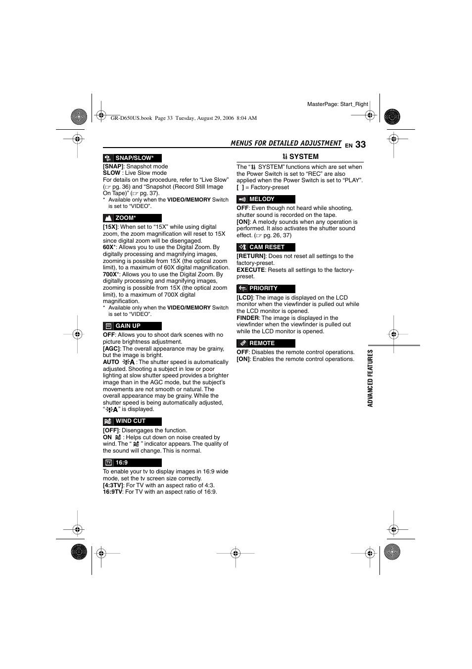 Gain up mode, Pg. 33), Wind cut indicator | JVC GR-D650U User Manual | Page 33 / 112