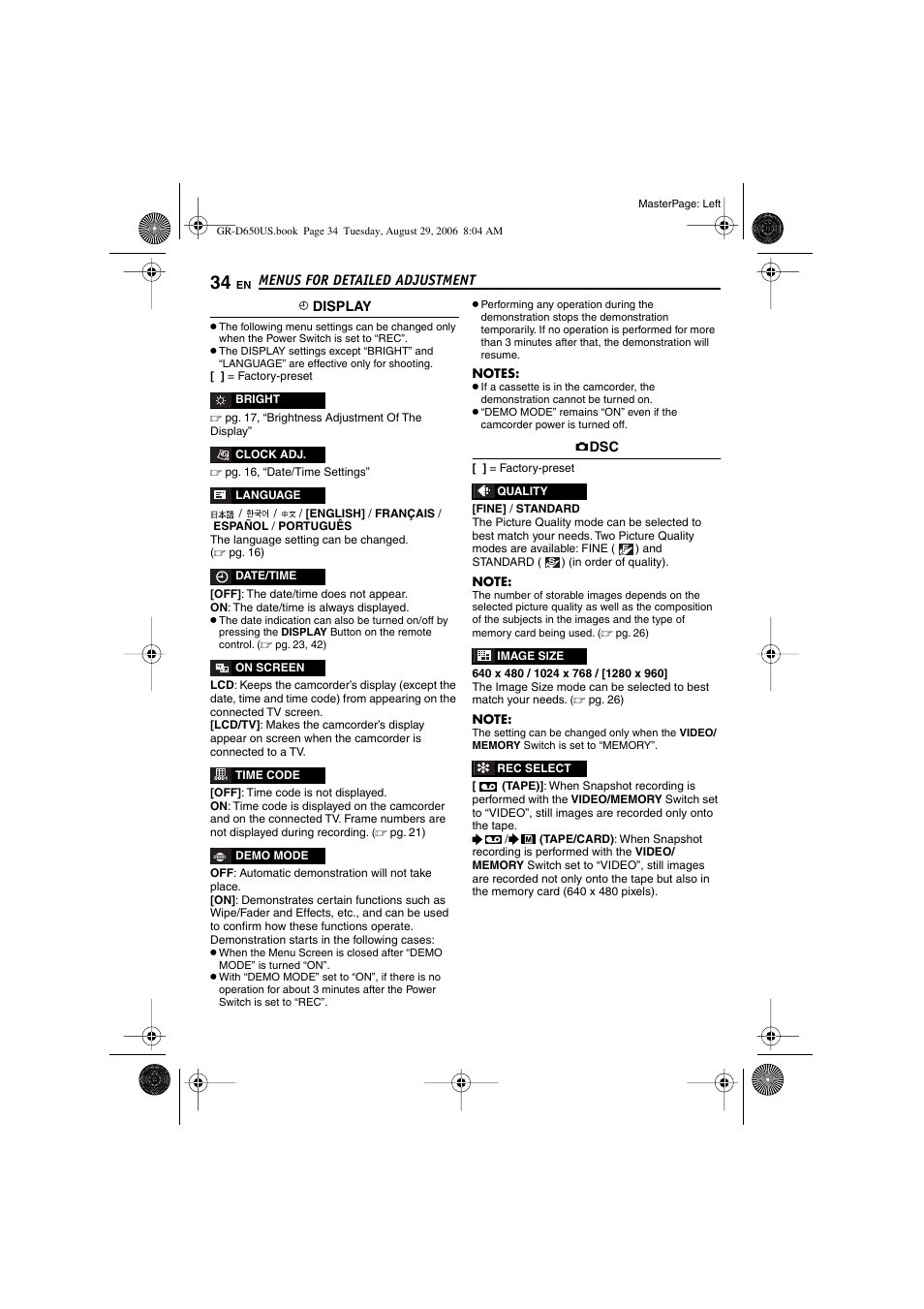 Time code, Pg. 34), Ard) (in order of quality) | Pg. 34), still images are recorded both on | JVC GR-D650U User Manual | Page 34 / 112