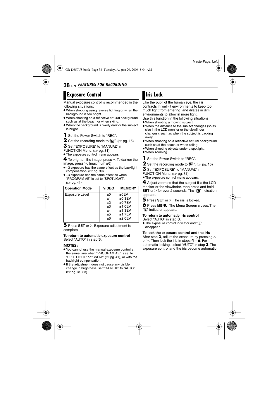 Exposure control, Iris lock, 38 iris lock | Exposure adjustment indicator, Pg. 38), K indicator | JVC GR-D650U User Manual | Page 38 / 112