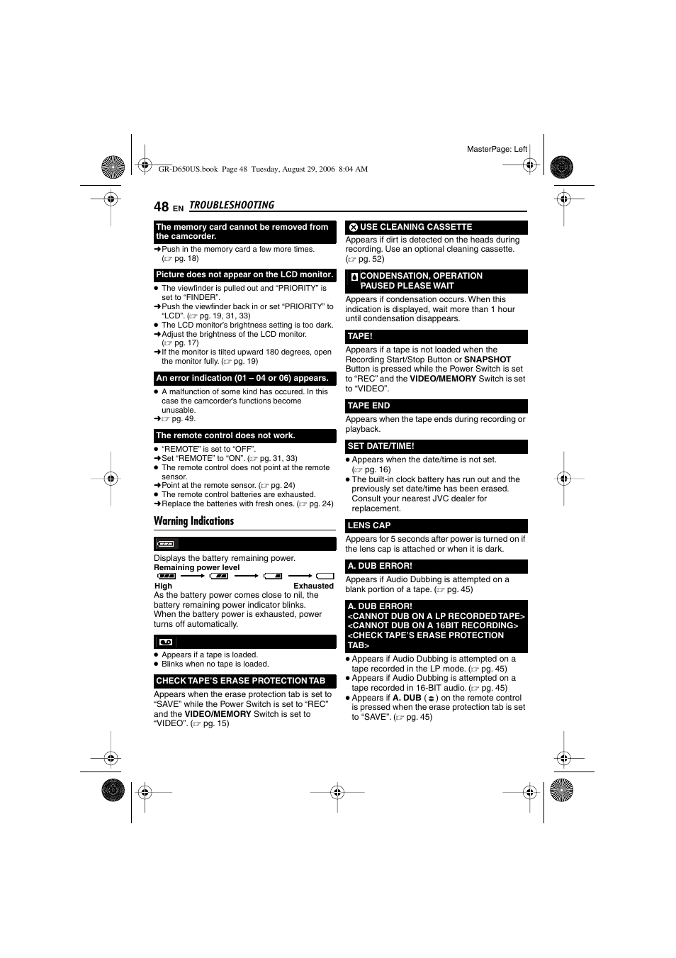 Warning indications | JVC GR-D650U User Manual | Page 48 / 112