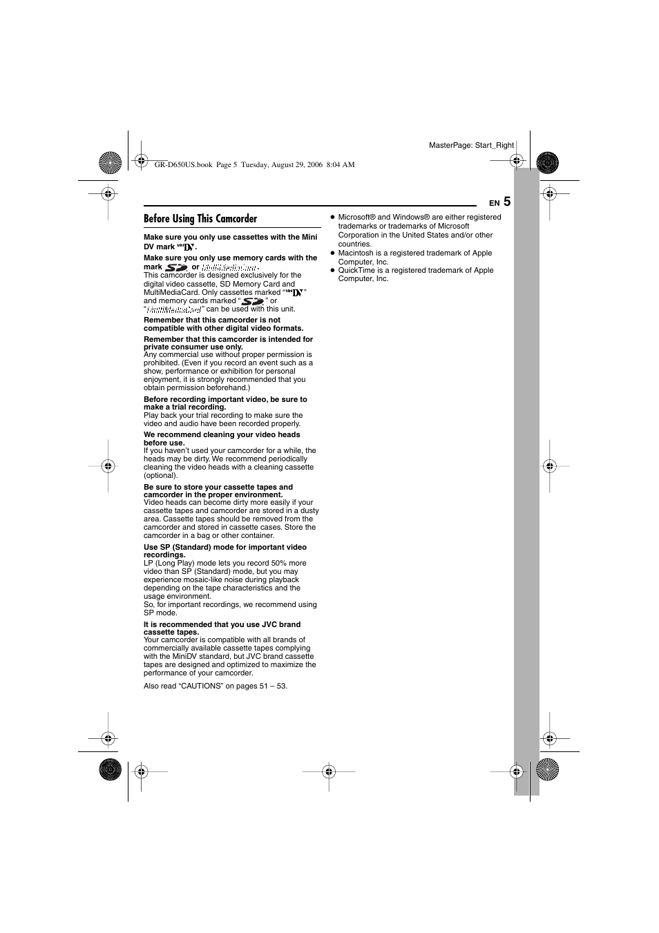 Before using this camcorder | JVC GR-D650U User Manual | Page 5 / 112