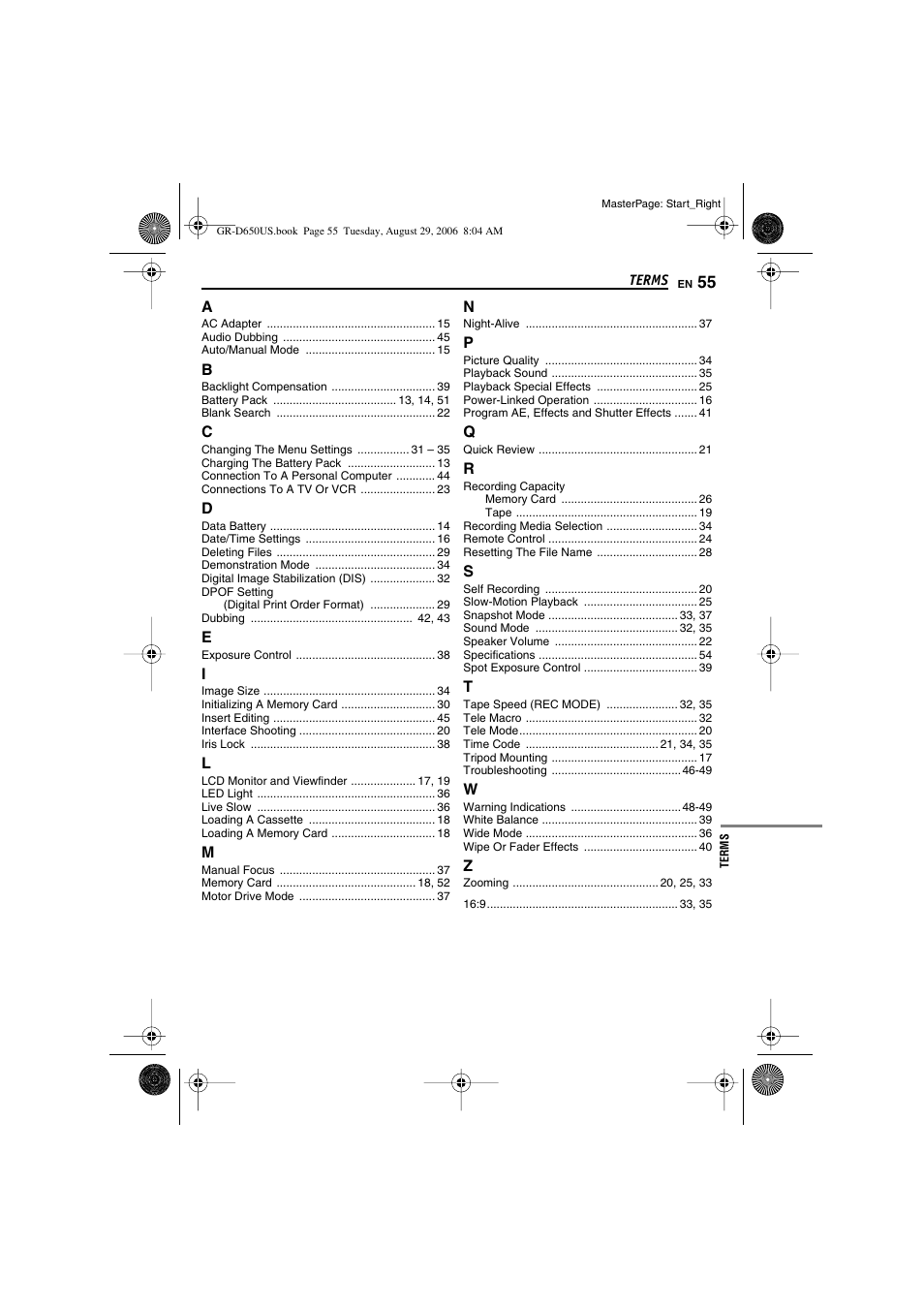 Terms | JVC GR-D650U User Manual | Page 55 / 112