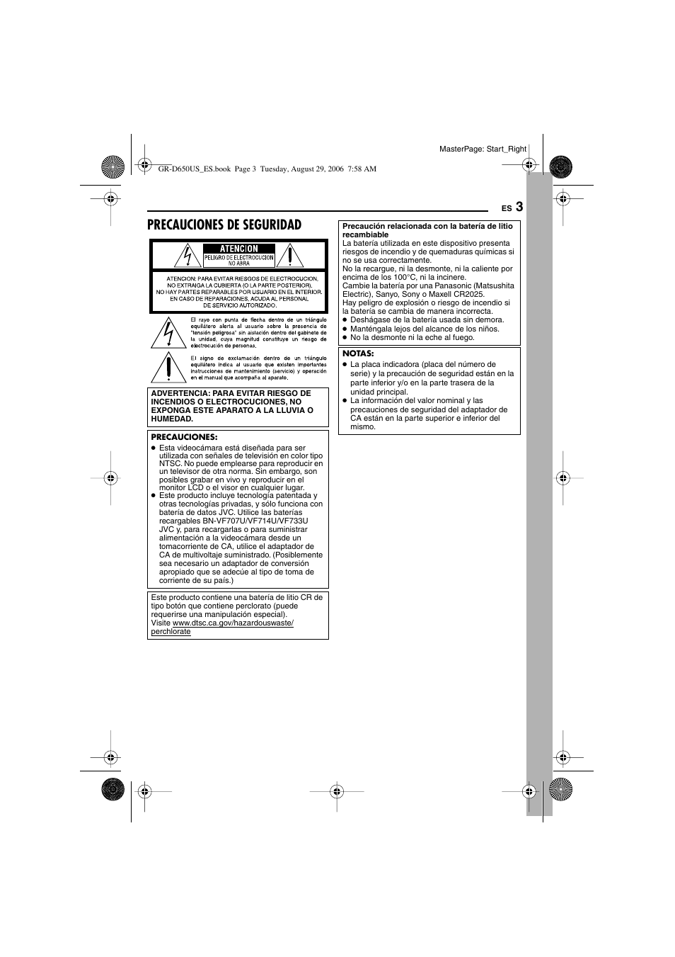 Precauciones de seguridad | JVC GR-D650U User Manual | Page 59 / 112