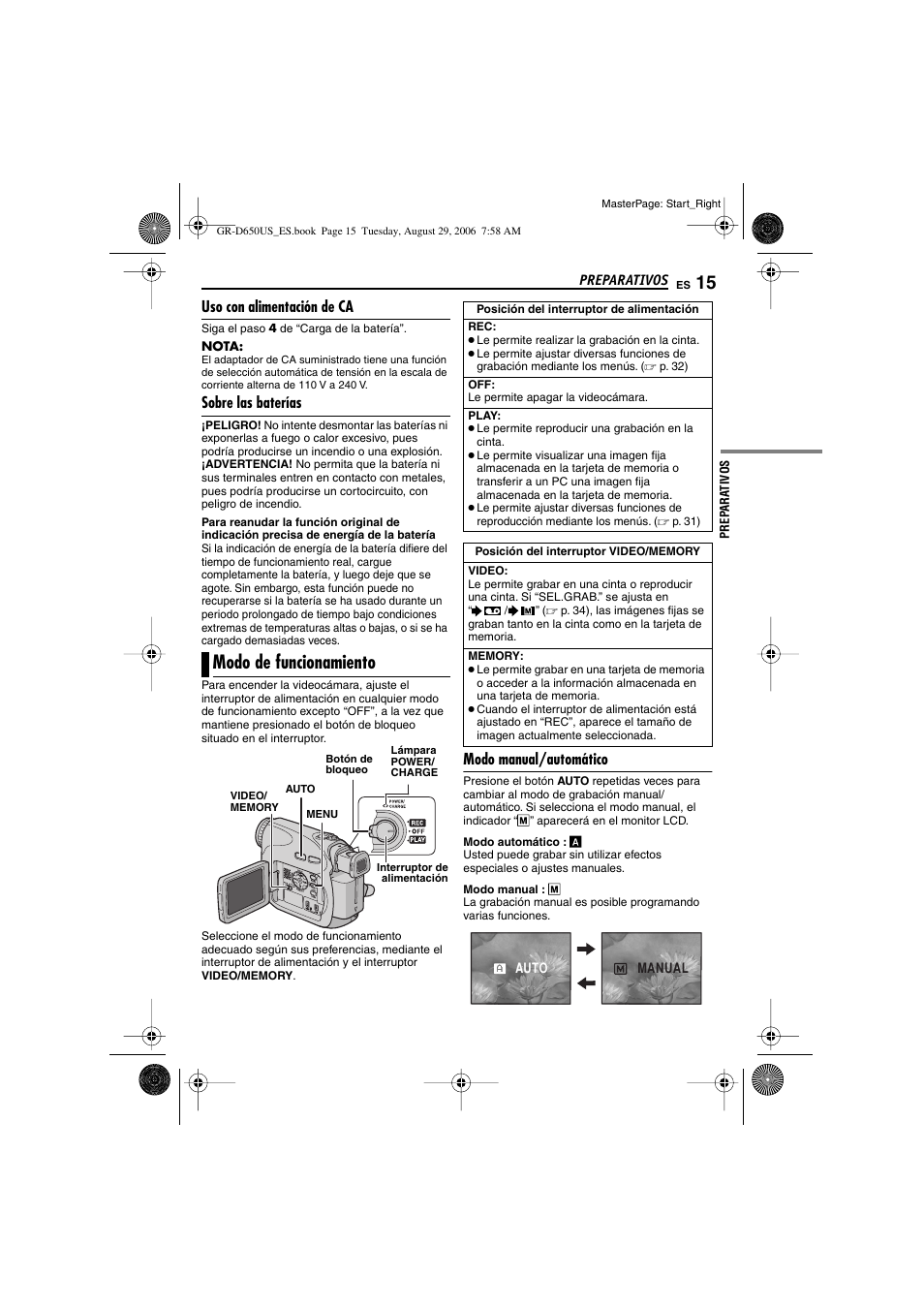 Uso con alimentación de ca, Sobre las baterías, Modo de funcionamiento | Modo manual/automático, P. 15), Y, off, Loqueo | JVC GR-D650U User Manual | Page 71 / 112