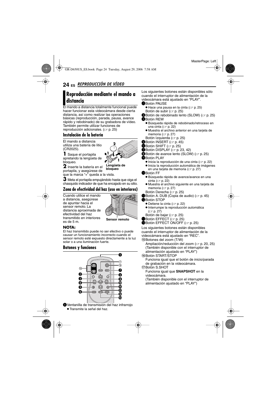 Reproducción mediante el mando a distancia, Instalación de la batería, Zona de efectividad del haz (uso en interiores) | Botones y funciones | JVC GR-D650U User Manual | Page 80 / 112