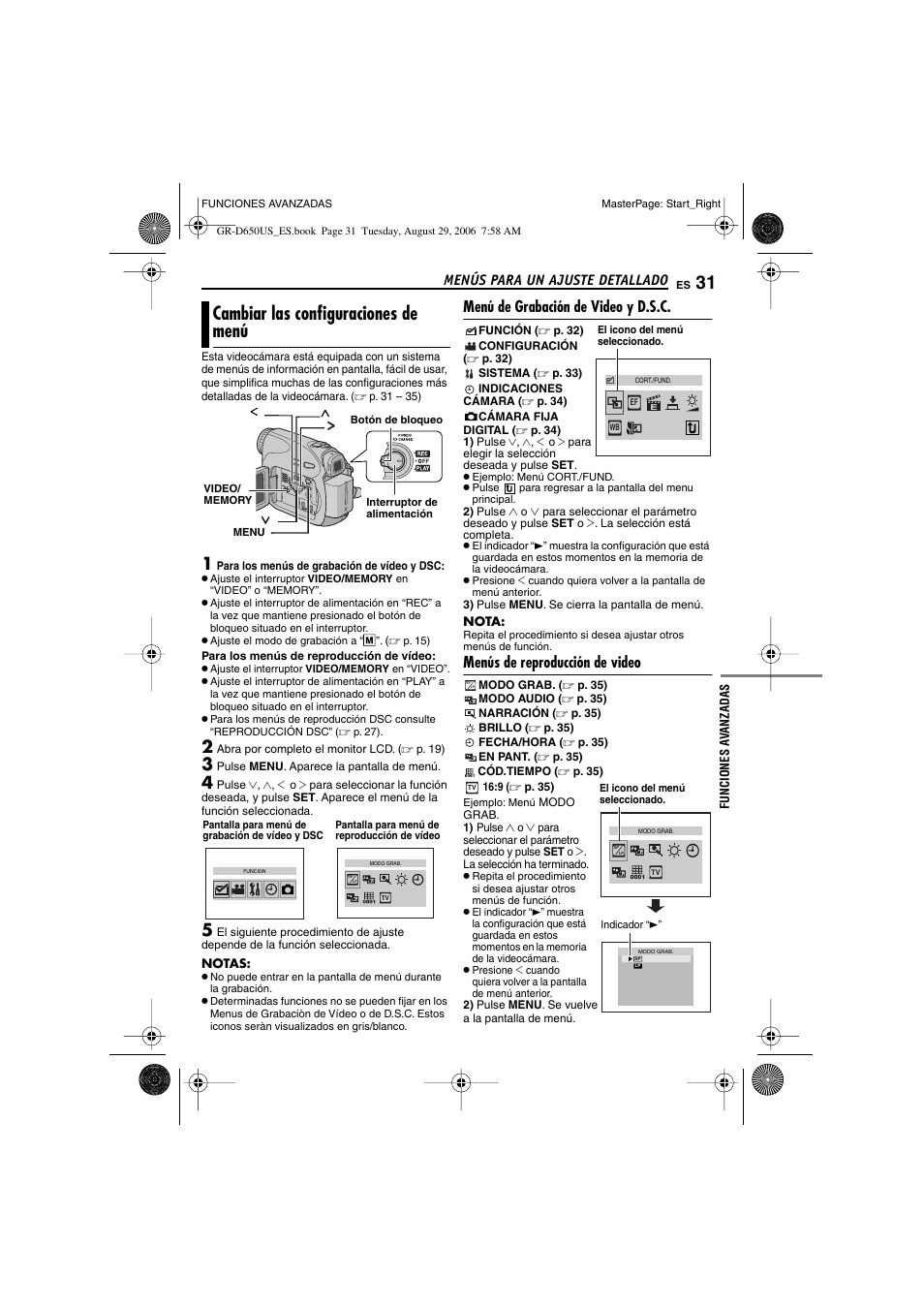 Menús para un ajuste detallado, Cambiar las configuraciones de menú, Menú de grabación de video y d.s.c | Menús de reproducción de video, P. 31, 34), Botón de menú [menu, P. 31), P. 31, 35), Imagen, P. 31, 34 | JVC GR-D650U User Manual | Page 87 / 112