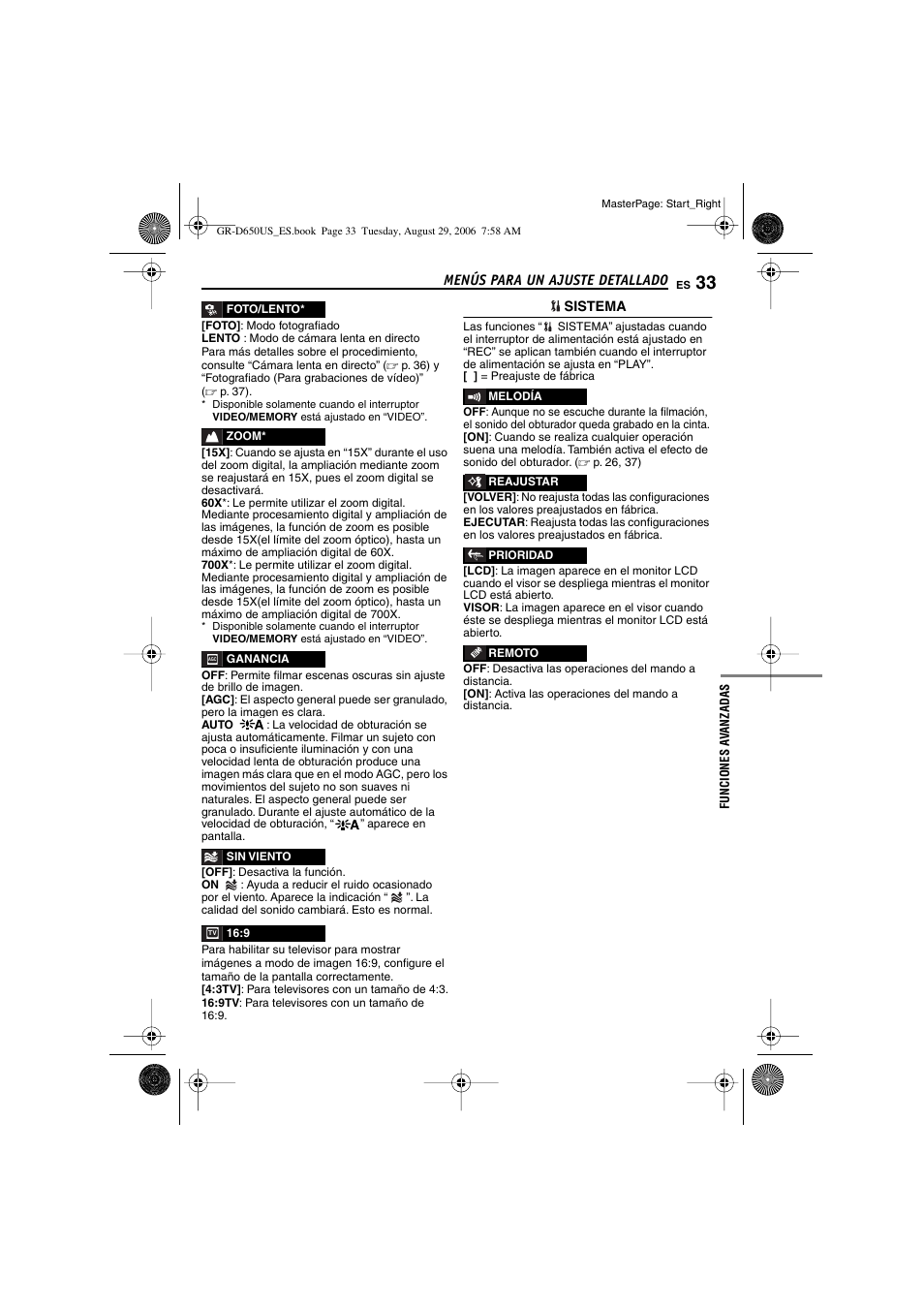 Modo de ganancia de luz, P. 33), Indicador de reducción de viento | JVC GR-D650U User Manual | Page 89 / 112