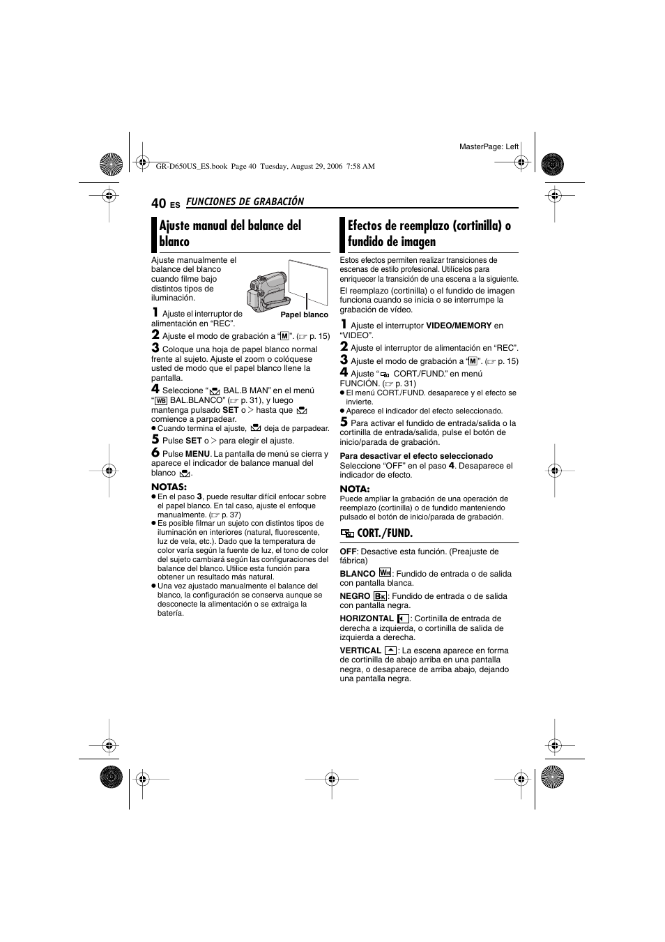 Ajuste manual del balance del blanco, Cort./fund, P. 40) | 40 efectos de reemplazo (cortinilla) o fundido de, Imagen, Imagen seleccionado, P. 40), “efectos de reemplazo (cortinilla) o, Fundido de imagen | JVC GR-D650U User Manual | Page 96 / 112