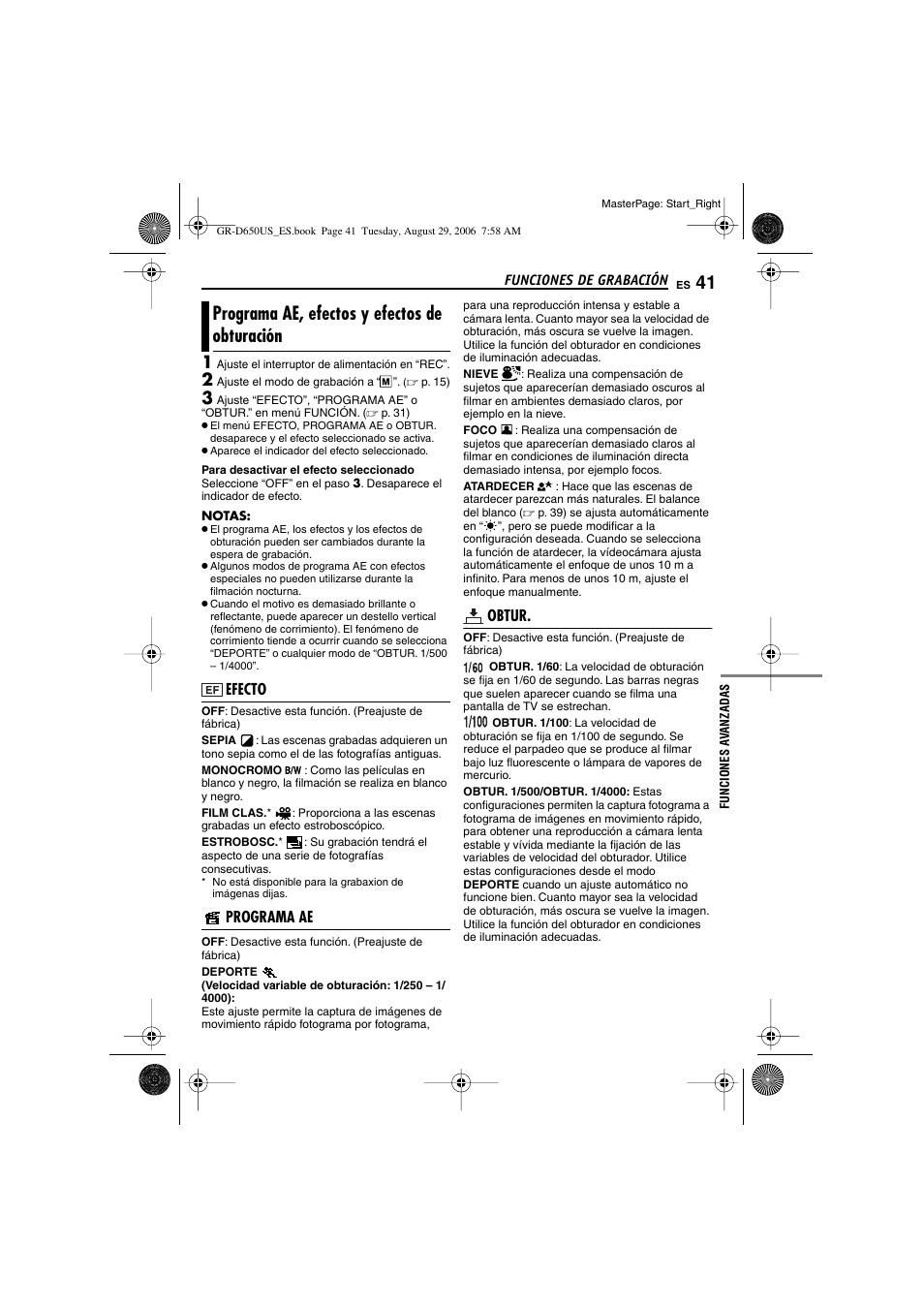 Programa ae, efectos y efectos de obturación, Efecto, Programa ae | Obtur, P. 41), Programa ae, efectos y efectos de, Obturación, P. 41), “programa ae, efectos y efectos de, P. 41), ni con | JVC GR-D650U User Manual | Page 97 / 112