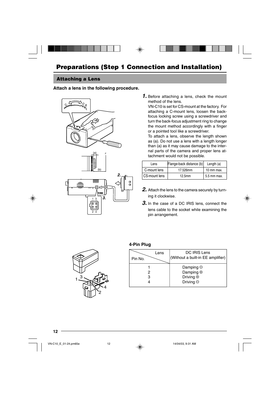 Step 1 connection and installation, Attaching a lens, Preparations (step 1 connection and installation) | JVC VN-C10 User Manual | Page 12 / 32