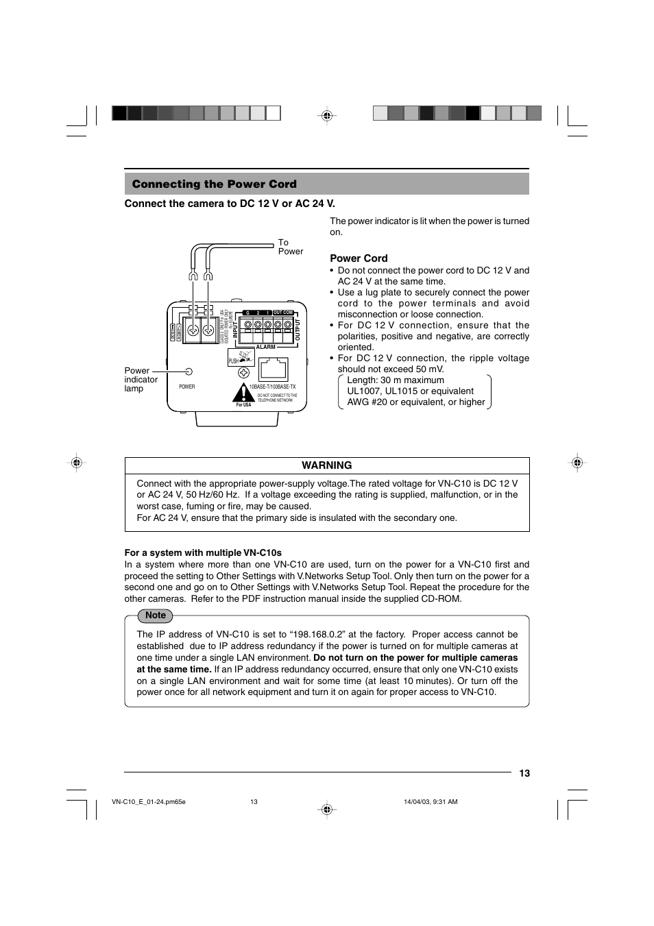 Connecting the power cord, Connect the camera to dc 12 v or ac 24 v, Warning | Power cord | JVC VN-C10 User Manual | Page 13 / 32