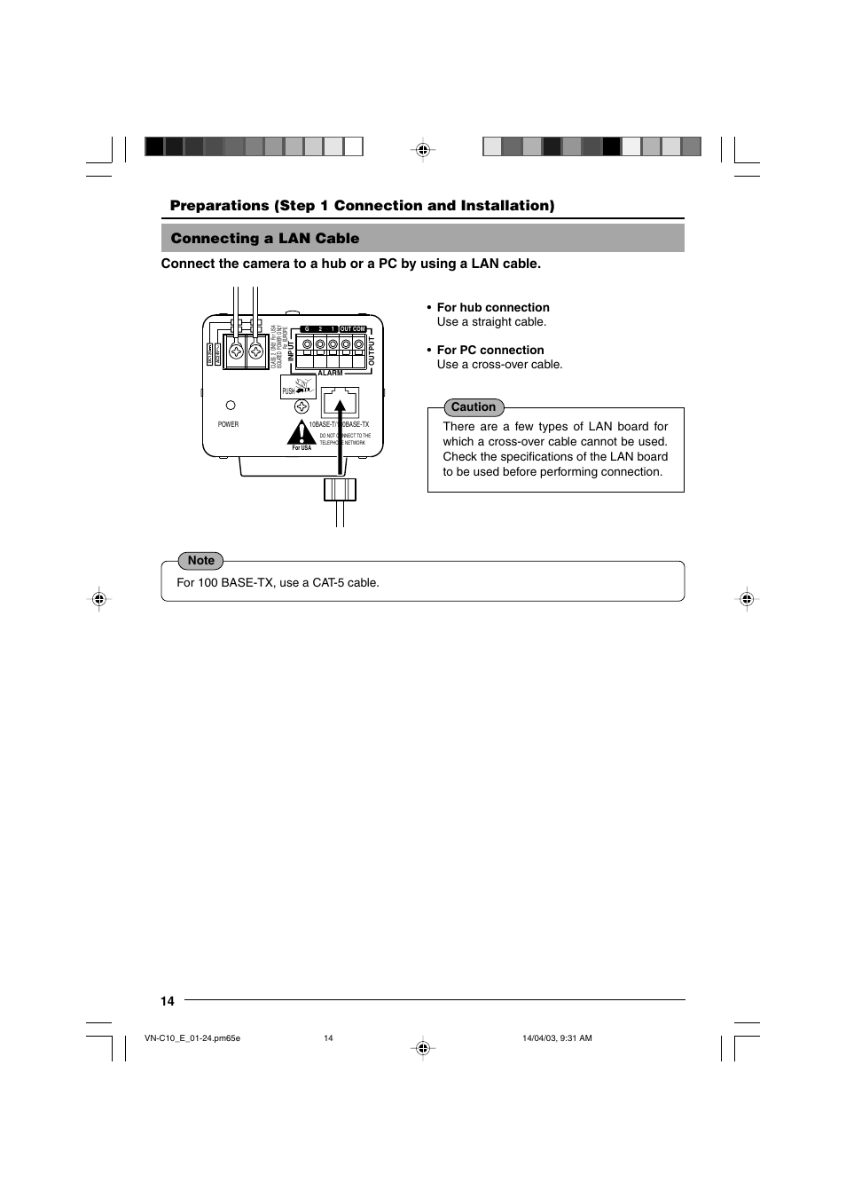 Connecting a lan cable, Preparations (step 1 connection and installation) | JVC VN-C10 User Manual | Page 14 / 32