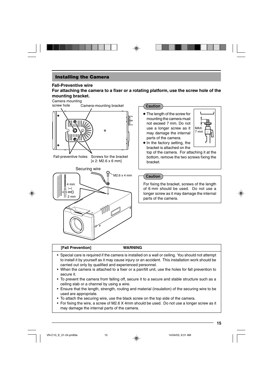 Installing the camera | JVC VN-C10 User Manual | Page 15 / 32