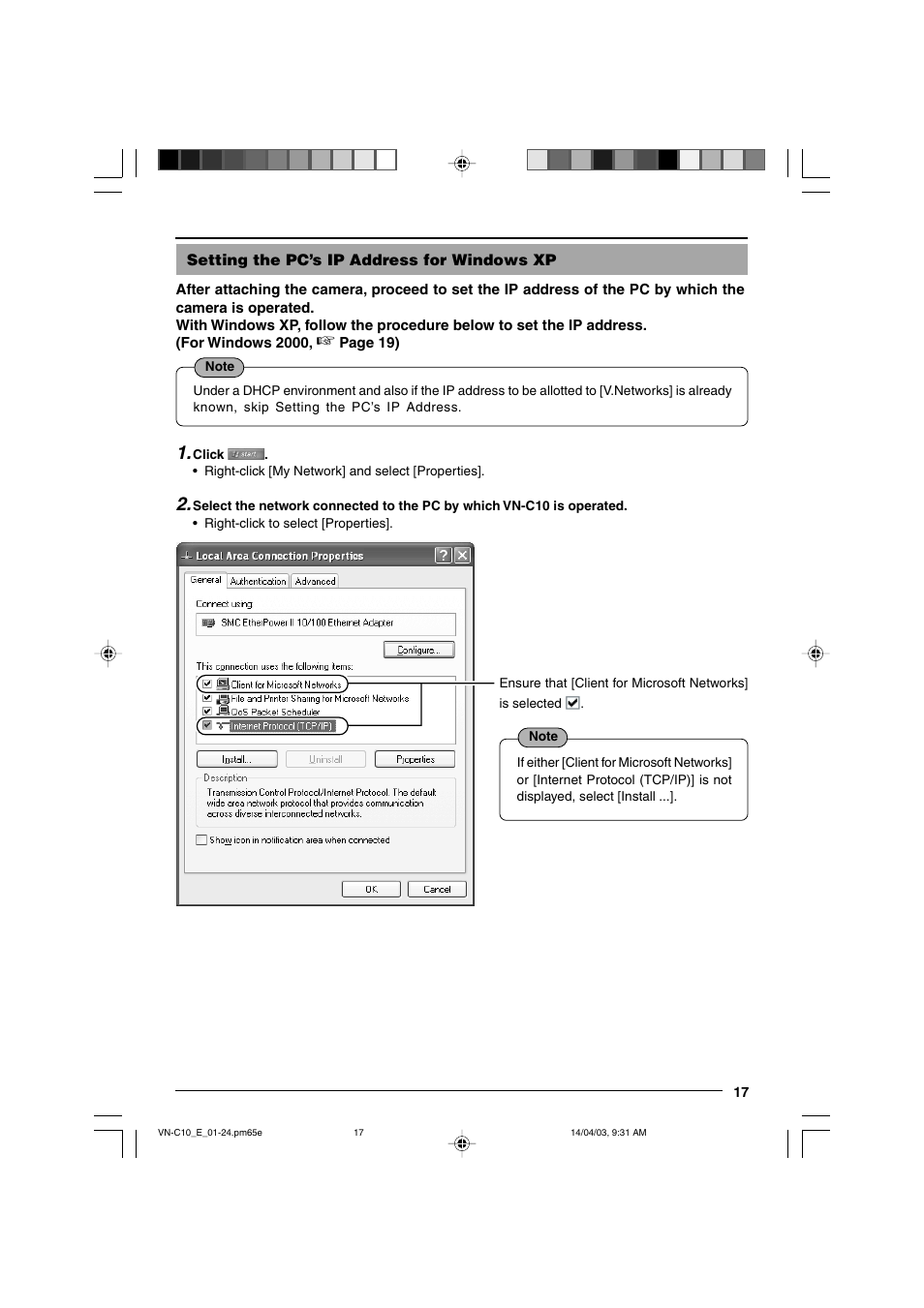 Setting the pc’s ip address for windows xp | JVC VN-C10 User Manual | Page 17 / 32