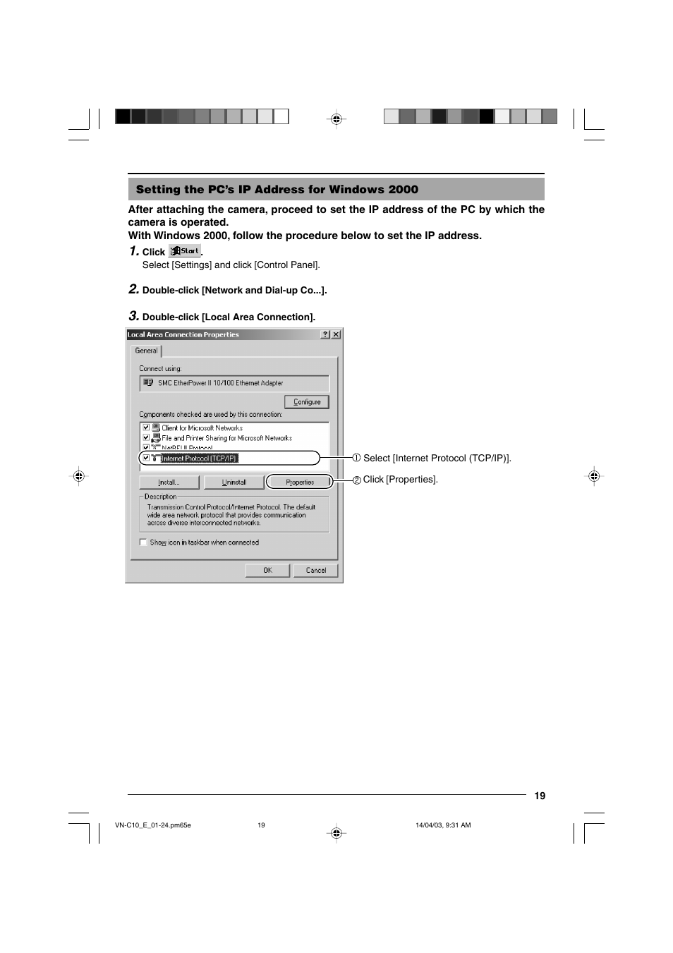 Setting the pc’s ip address for windows 2000 | JVC VN-C10 User Manual | Page 19 / 32